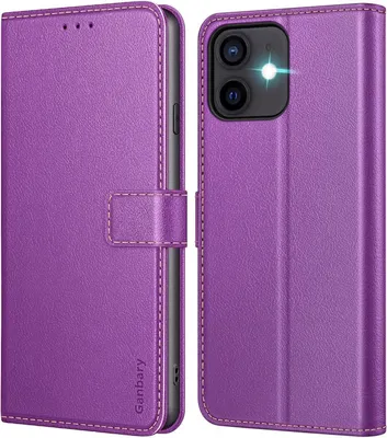 Produktbild von Ganbary iPhone 12 Pro Handyhülle Violett Leder Klapphülle mit Kartenschlitzen und Standfunktion