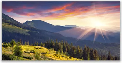 Produktbild von Tulup Leinwand-Bilder 120x60 Wandbild Canvas Kunstdruck Gebirge Wald Sonne Landschaft