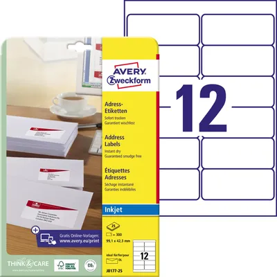 Obrázok produktu pre Avery J8177-25, Biela, Papája, Inkjet, 99.1 x 42.3 mm, 300 kusov