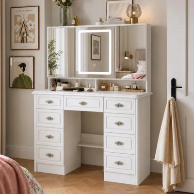 Produktbild von Schminktisch mit LED-Spiegel, mit 3 Spiegeln, 9 Schubladen, Schminktische, Frisiertisch mit 5 Regale, Weiß, MDF, 110 × 50 × 138 cm