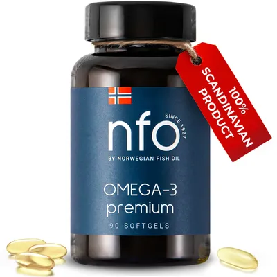 Zdjęcie produktu dla NFO Omega-3 Premium – Kapsułki z olejem rybnym, EPA, DHA i witaminą E dla serca i mózgu [90 kapsułki softgel]