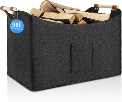 Produktbild von Kaminholztasche aus Filz Holzkorb XXL Kaminholzkorb Holztasche Filztasche für Holz Kaminholz Zeitungen, 96L, 60 x 40 x 40 cm, Dunkelgrau
