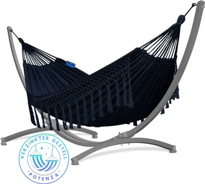 Produktbild von Potenza Outdoor Hängematte mit Verzinkter Gestell für 2 Personen I Baumwolle Doppelhängematte XXL 220x160, 200kg I Grau Hängemattengestell 220kg, wetterfest