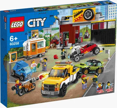 Image de LEGO 60258 Atelier de tuning City avec voitures jouets, briques, dépanneuse, Hot Rod, remorque et moto pour enfants