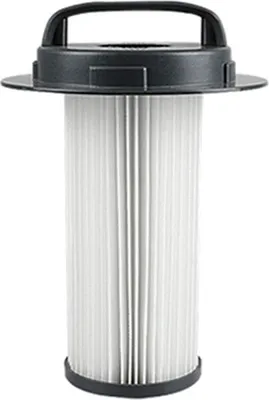 A vacuum cleaner filter with a black handle and lid, set against a white background.