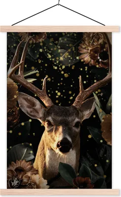 Produktbild von MuchoWow® Textilposter Hirsche - Blumen - Gold 40x60 cm mit holzfarbenen Rahmen - Poster