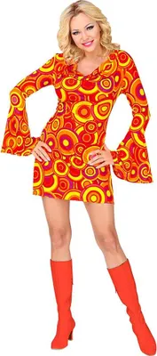 Produktbild von Groovy 70er Jahre Kleid Trompetenärmel Gr. S bis XL  - Minikleid Bubbles orange S