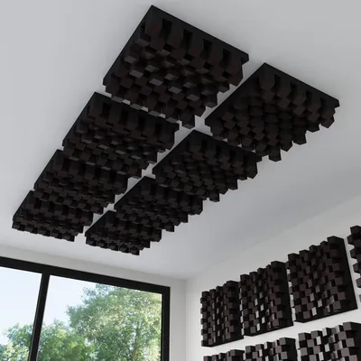 Imagen del producto de Juego de 4 difusores acústicos autoadhesivos "Sirius" | 50x50 cm | Panel de techo y pared 2D-QRD | Control de eco y difusor de sonido | [Wenge | SIRIUS autoadhesivo]
