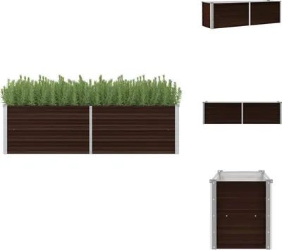 A long, brown raised garden bed filled with green plants, shown against a white background. Several smaller images of the same garden bed are also visible.