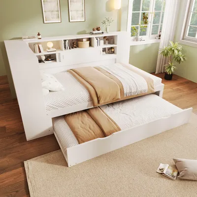 Immagine prodotto di okwish Divano letto 90x200 cm con letto estraibile 90x190 cm e griglia a doghe, letto da giorno per ospiti, letto per bambini con USB (senza materasso) - bianco