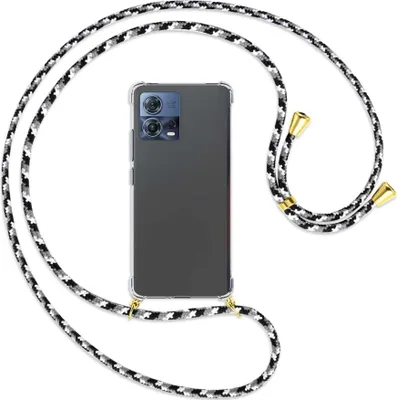 Produktbild von Handykette Backcover-Schutzhülle mit Band (Metall goldfarben) für Motorola Edge 30 Fusion, Moto S30 Pro - schwarz/grau/weiß
