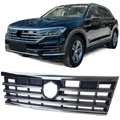 Obrázok produktu pre Športový predný spojler čiernej farby s chrómovanými doplnkami, určený pre model VW Touareg III CR7 od roku 2018