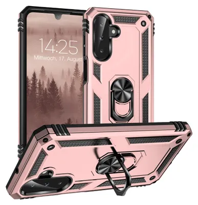 A rose gold phone case with a ring holder is displayed from multiple angles, with a phone screen visible in the background.