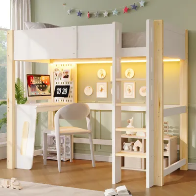 Produktbild von Flieks Etagenbett 90x200cm mit Schreibtisch und Lochwand, Kinderbett Hochbett mit Led und Leiter, Stockbett Holzbett mit Rausfallschutz, Weiß