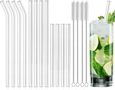 Productafbeelding van Herbruikbare glazen rietjes - Verpakking van 16 stuks - 4 lang - Recht + 4 lange gebogen rietjes - Glas - 21,5 cm + 4 korte + 4 reinigingsborstels
