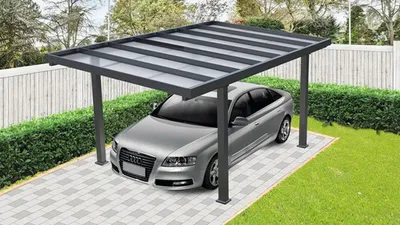 Produktbild von Aluminium-Einzelcarport Konsta Schrägdach (Pultdach, seitlich geneigt) Stegplatten Pfosten 12 x 12 cm 297 x 492 cm anthr