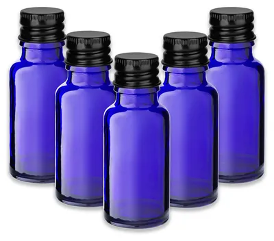 Produktbild von 5x Blaue Glasflasche 20 ml mit schwarzem Aluminium Schraubverschluss