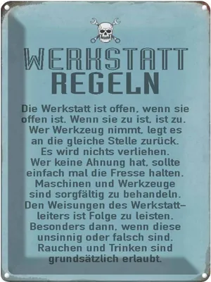 Produktbild von vianmo Blechschild 40x30 cm Werkstatt Regeln Spruch Zitat