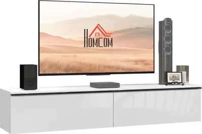 Image de HOMCOM Meuble TV suspendu meuble télé bois banc TV mural pour téléviseurs jusqu'à 70 pouces avec placard à portes effet brillant, pour salon chambre à coucher, 160 x 35 x 30 cm, blanc