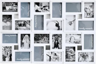 Produktbild von XL Fotocollage Rahmen für 24 Fotos 10 x 15 cm und 15 x 10 cm Weiß Kunststoff 3D Optik Wandgalerie mit Abdeckfolien Hochformat oder Querformat Gesamtmaß 85,5 x 57 x 3 cm