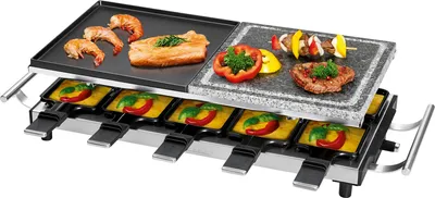 Produktbild von ProfiCook®️ Raclette 10 Personen mit heißem Naturgrillstein | inkl. 10 Pfännchen & Holzspatel | Edelstahlgriff (wärmeisoliert) | PC-RG 1144