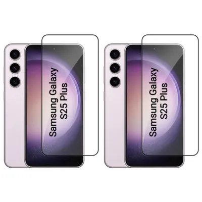 Two Samsung Galaxy S25 Plus phones with screen protectors placed over them.
