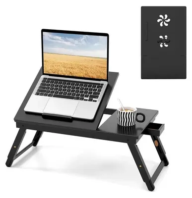 Obrázok produktu pre Nastaviteľný bambusový písací stôl na notebook s naklápateľnou doskou a zásuvkou