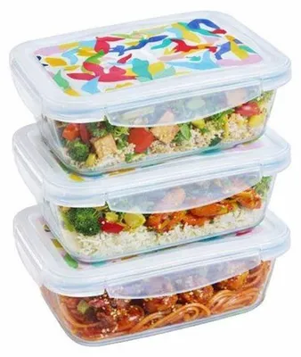 Immagine prodotto di Lunchbox – – Set di 3 contenitori in vetro – Rettangolari – Coperchio ermetico – Design astratto – 0,80 l