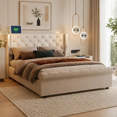 Produktbild von INONEFT Polsterbett 140x190cm mit LED und USB, boxspringbett mit bettkasten und lattenrost, jungendbett doppelbett mit hydraulik stauraum, samt beige