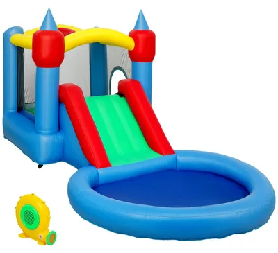 Produktbild von Aufblasbare Hüpfburg - 4-in-1 Spielburg - Rutsche - Basketballkorb - Ballbecken - Gebläse inklusive - 415x205x190 cm - Armygrün