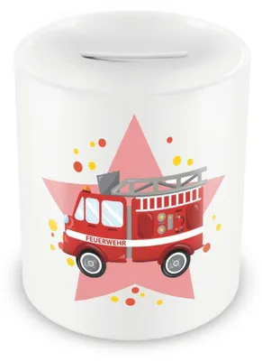 Produktbild von Spardose für Kinder mit Feuerwehrauto-Motiv, Sparschwein, Geldkästchen, 330 ml, weiß