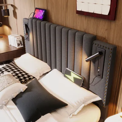 Produktbild von okwish Boxspringbett Polsterbett 140 x 200 cm mit Leselicht mit USB Ladefunktion und Höhenverstellbares Kopfteil(Nietendesign), Hydraulisches Stauraumbett mit Bettkasten Stauraum(Ohne Matratze)- Grau