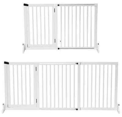 Obrázek produktu pro Dveřní bezpečnostní branka pro psy Samostatně stojící dřevěná bezpečnostní branka s dveřmi, bílá, 113-166x36x71cm