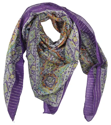 Produktbild von Baumwolltuch indische Blumen Muster03 lila bunt Lurex silber quadratisches Tuch