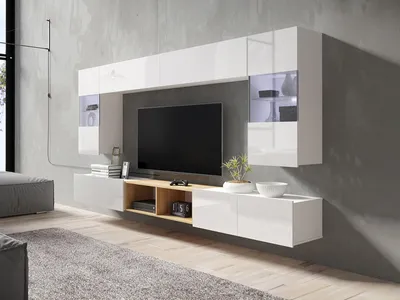Produktbild von Wohnwand CALABRINI-24 Wohnzimmer-Set Hängewohnwand Schrankwand Schrank TV-Schrank Vitrine mit LED-Beleuchtung Moderne Anbauwand Hochglanz (Weiß / Goldene Eiche)