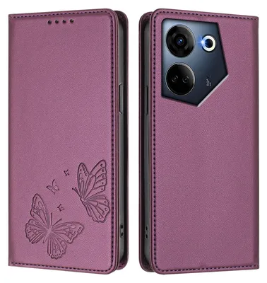 Produktbild von Lederhülle für Tecno Camon 20 /Camon 20 Pro 4G, Schmetterling Prägung Leder Brieftasche Schutzhülle mit Ständer Lila