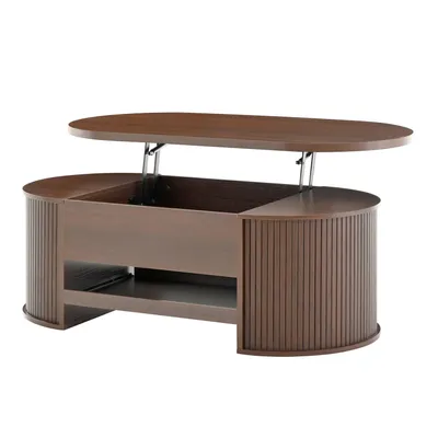 Produktbild von Anhebbarer Couchtisch, Couchtisch mit gebogenen Holzseiten, ausziehbarem Regal, anhebbarer Tischplatte, multifunktionales Wohnzimmermöbel