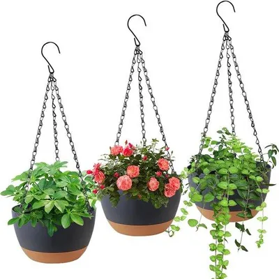 Immagine prodotto di Vaso sospeso per interni ed esterni, vaso con fondo rimovibile e fori di drenaggio, cesto sospeso per esterni, giardino, soggiorno, balcone, 3 pezzi (grigio)