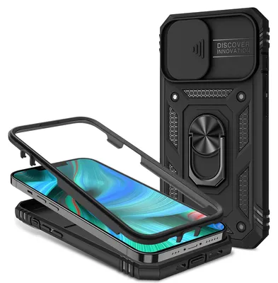 Image de NALIA Étui en forme d'anneau de style militaire pour iPhone 13 Pro, protection extrême avec cadre d'écran & cache de caméra, anneau 360° pour fonction de support & support voiture Noir