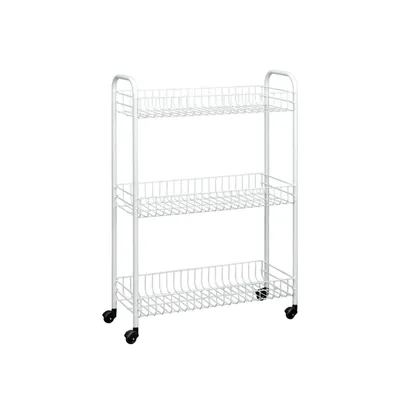 A white three-tier rolling cart with wire baskets, shown against a white background.