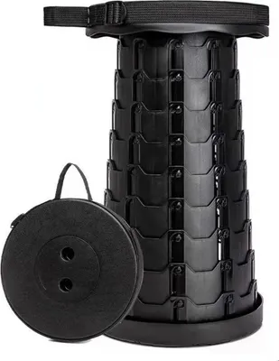 A black collapsible stool and its carrying case.