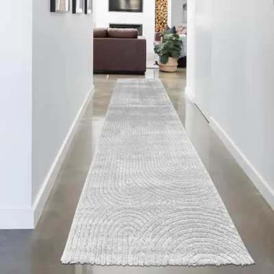 Produktbild von Design-Teppich mit minimalistischem Bogenmuster in stilvollem Grau Größe - 80 x 300 cm