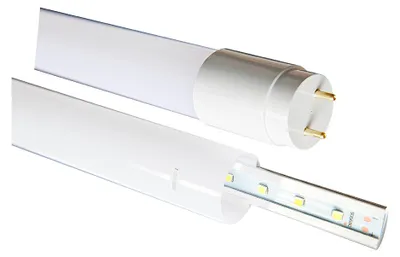 Two LED T8 tubes are shown against a white background. One tube is fully visible, while the other is partially obscured and shows the internal LED strip.