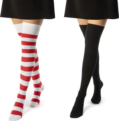 Produktbild von 2 Paar Overknee Strümpfe Damen Kniestrümpfe Baumwolle Ringel & Uni 10723 - Schwarz - Rot/Weiß 35-38