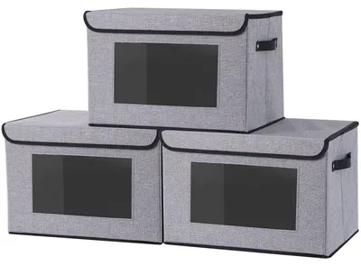 Produktbild von 3 faltbare Aufbewahrungsboxen aus Stoff mit Deckel, Organizer mit Sichtfenster, grau, 33 x 23 x 20 cm