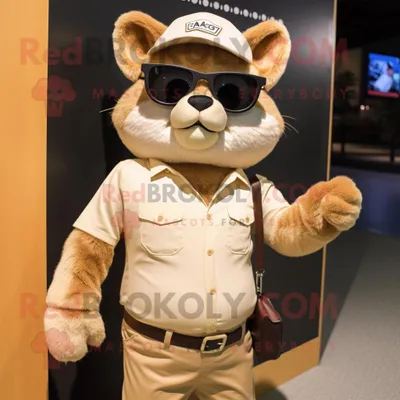 Produktbild von Tan-Katzen REDBROKOLY Maskottchen kostüm gekleidet mit einem Henley-Hemd und einer Sonnenbrille