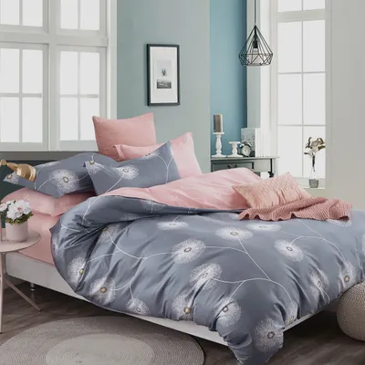 Produktbild von Bettwäsche 135x200 Baumwolle Grau + Rosa mit Löwenzahn Wendebettwäsche 80x80 Kissenbezug mit Reißverschluss 2teilig Set