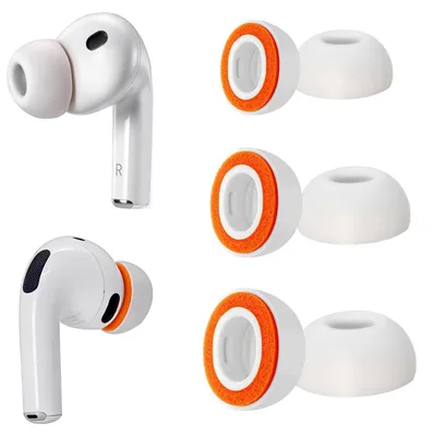 Obrázek produktu pro Náhradní špunty do uší pro AirPods Pro 3, měkká pěna + silikon, 3 páry (velikosti S/M/L, bílé + oranžové)