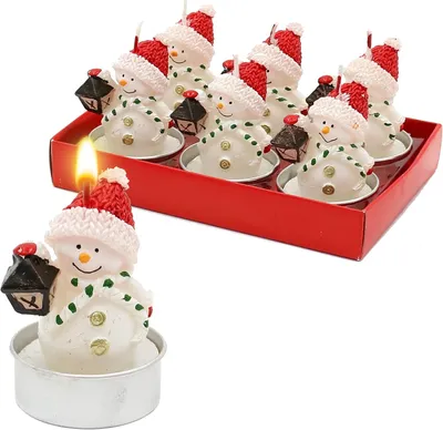 Imagen del producto de Velas decorativas con forma de muñeco de nieve con linterna - Juego de 6 - Dimensiones de cada vela: 4 x 4 x 7 cm