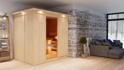Produktbild von Karibu Sauna Innensauna Bodin Fronteinstieg Ofen 9 kW integr. Strg 210x165x202 cm mit Dachkranz mit Bronzierte Tür